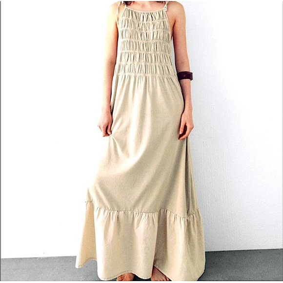 Zara Ruched Dress Stonewashed Ivory Womens Small Cottagecore Casual Beach Tiered - Picture 1 of 10